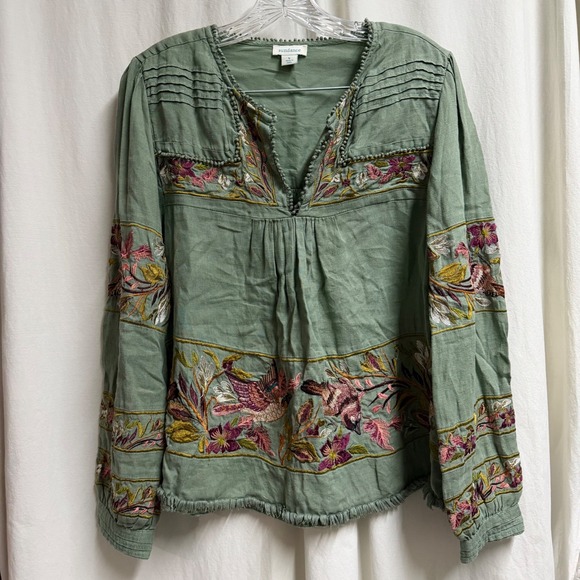 Sundance Tops - Sundance Womens Sage Green Embroidered Bird Floral Linen Peasant Blouse Small